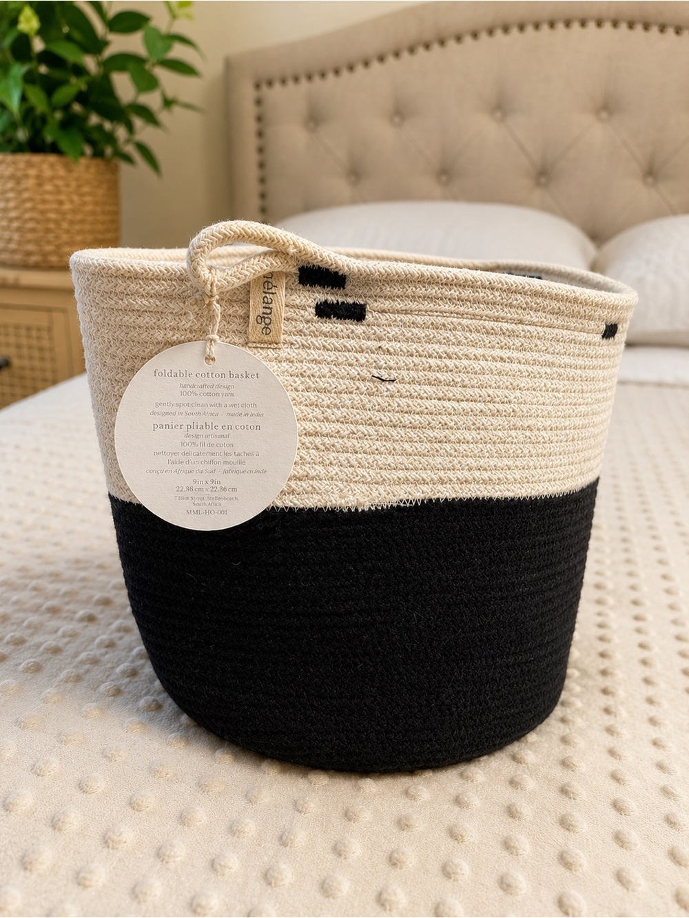 Mia Mélange Foldable Cotton Basket Black & Natural Handcrafted NWT